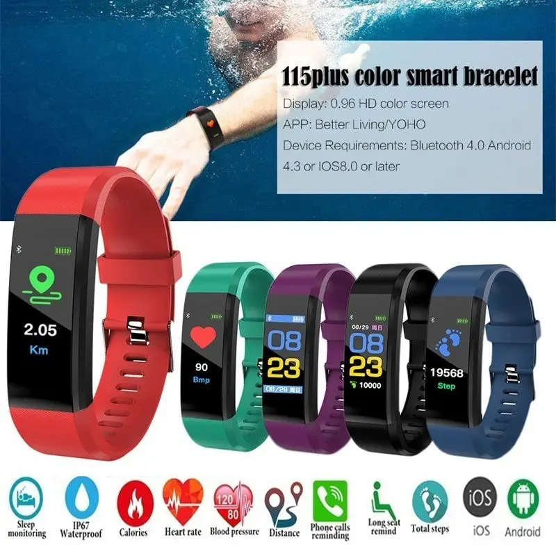 

Outdoor Smart Bracelet Waterproof Smart Pedometer 115 Plus Blood Pressure Monitoring Heart Rate Smart Watch Counter