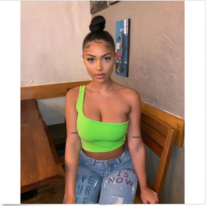 As Photo Shows Womens Neon Crop Top Summer Sexy One Shoulder Tank Top Party Club Streetwear Fashion Camisole Ladies Vest Tee Clothes NEW - Цвет: As Photo Shows