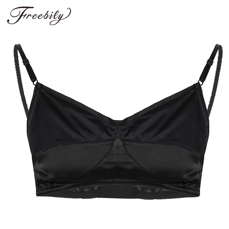 

Mens Sissy Lingerie Tank Bra Nightwear Male Smooth Shiny Satin Wire-free No Padded Bralette Adjustable Spaghetti Straps Bra Tops