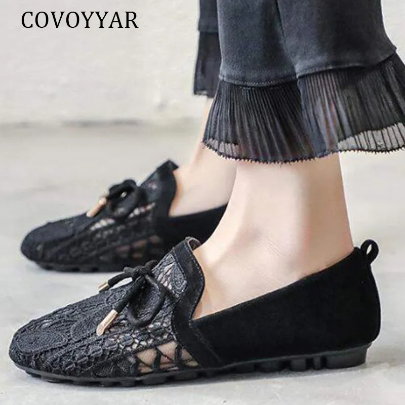 

COVOYYAR Embroidery Lace Women Flats Sweet Bow 2021 Spring Autumn Breathable Mesh Casual Shoes Woman Slip On Loafers WFS447