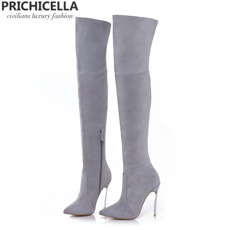 Кожаные Сапоги выше колена PRICHICELLA 8 см 10 цвет серый|high booties|knee bootsover knee boots |