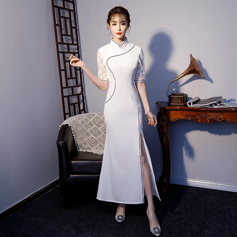 

Sexy Long Cheongsam 2019 Summer Vintage Chinese style Dress Fashion Womens Lace Qipao Slim Party Dresses Button Vestido