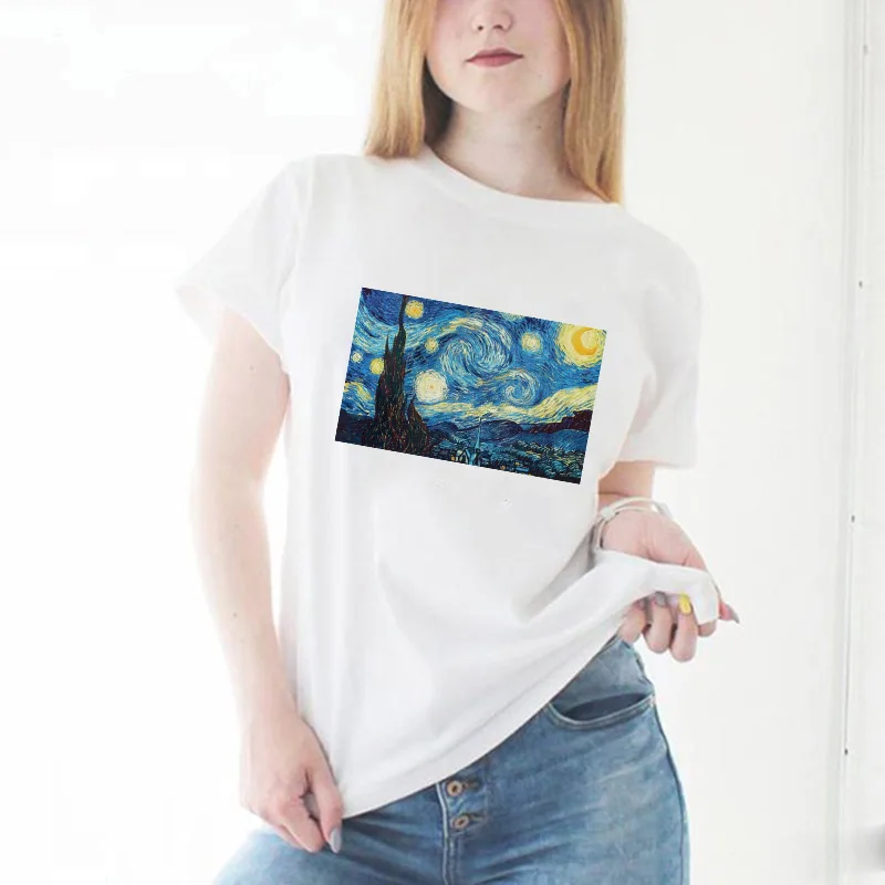 LUSLOS Ван Гог Звездная ночь футболка женская летняя с короткими рукавами Белая