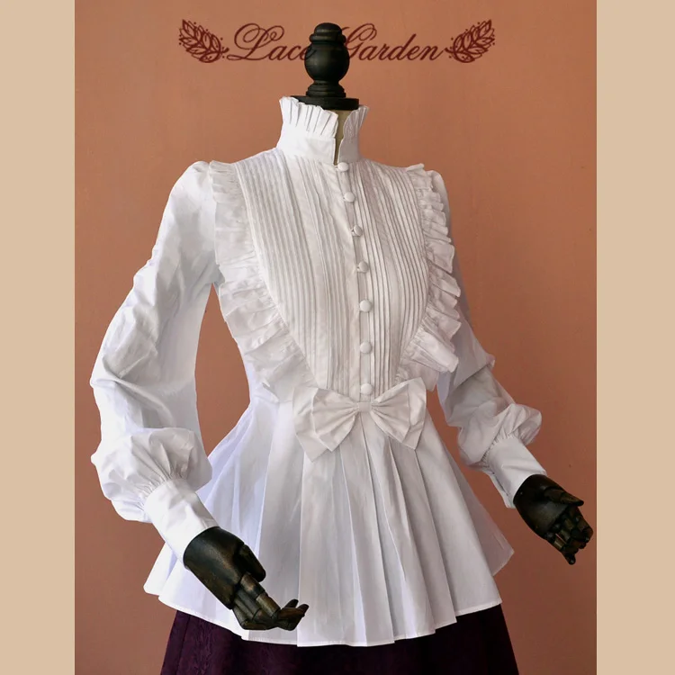 White Vintage Long Lantern Sleeve Cotton High Collar Women's Blouse/Shirt with Cascading Ruffles