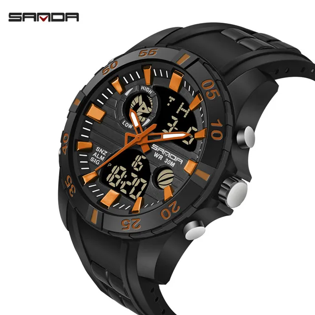 Black orange SANDA, новинка, S Shock, мужские спортивные часы, большой циферблат, кварцевые, цифровые часы для мужчин, люксовый бренд, светодиодный, военные, водонепроницаемые, мужские наручные часы - Цвет: Black orange