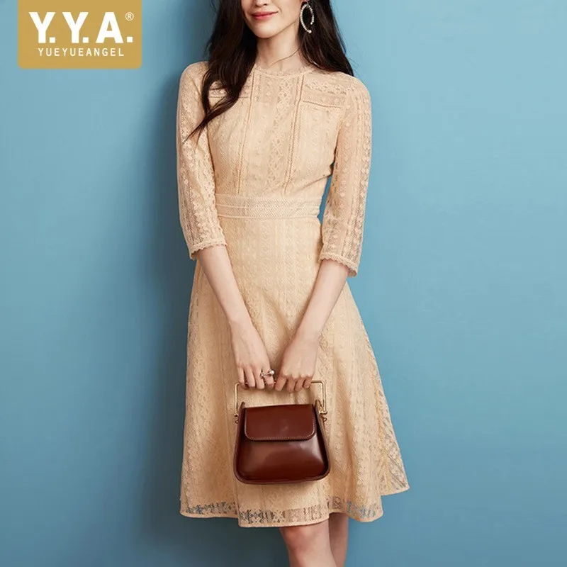 

High Quality Womens New Fashion Lace Hollow Out A-Line Dresses Half Sleeve O-Neck High Waist Slim Fit Knee Length Ladies Dresses