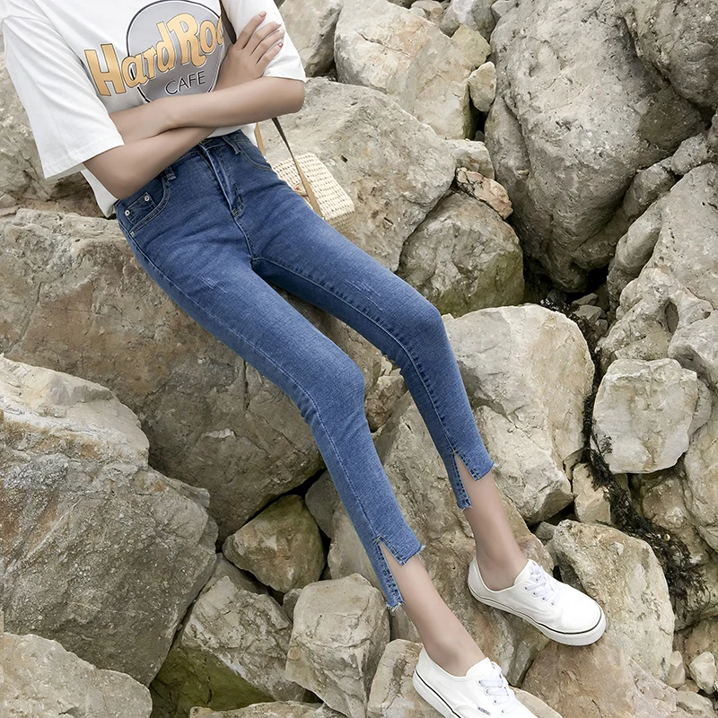 Отверстие Рваные джинсы сексуальные Для женщин Boyfriend Denim Винтаж с эластичной резинкой на талии, с Повседневное брюки женские, тонкие узкие женские укороченные брюки больших размеров Брюки