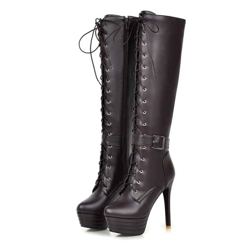

2020 Winter Sexy Knee High Women Boots Buckle Motorcycle Boots High Heels Warm Fur Cross Tie Platform Woman Shoes Large Size 43
