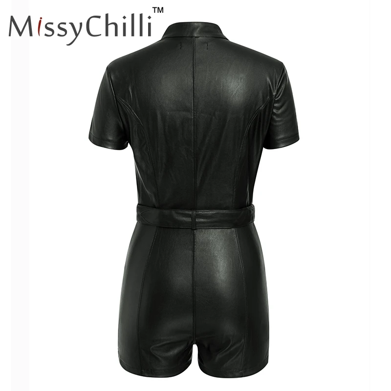 MissyChilli эластичный Летний комбинезон из искусственной кожи на молнии Женский черный сексуальный комбинезон женский Клубные вечерние комбинезоны для коротких комбинезонов