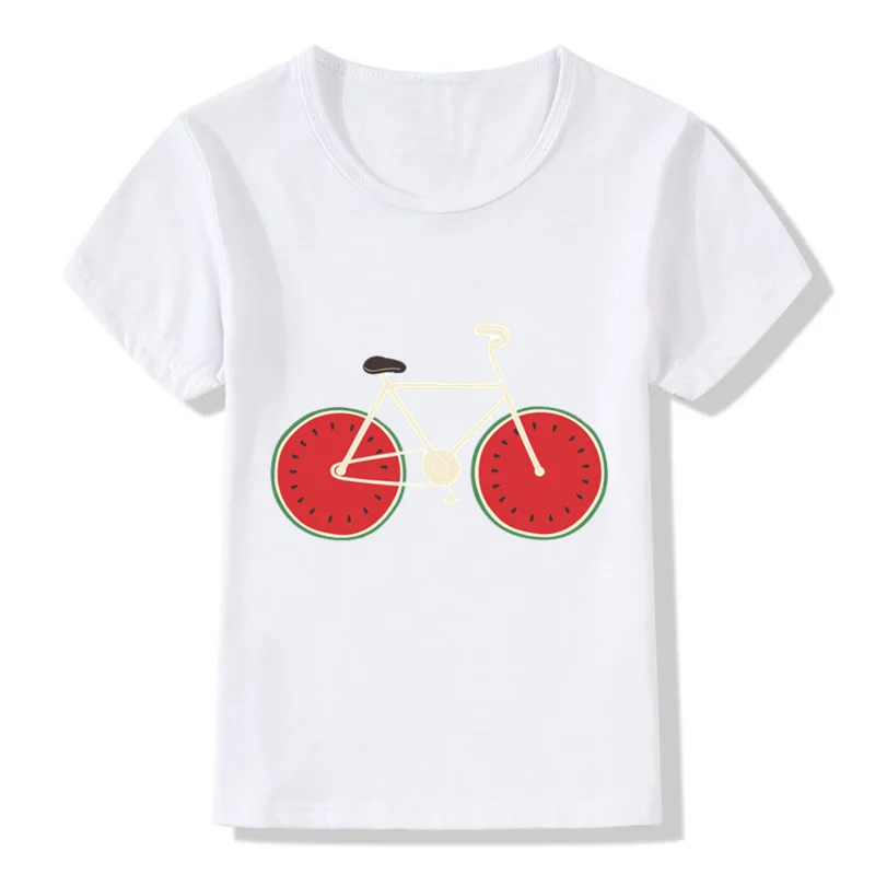 Летняя футболка с мультяшным велосипедом для мальчиков и девочек Забавная