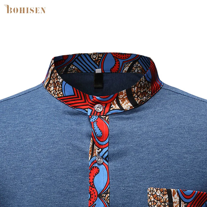 BOHISEN African Print Cotton Shirt For Men New High Stand Collar Patchwork Button Top T-shirt Slim Fitted Men's Kente Clothing |