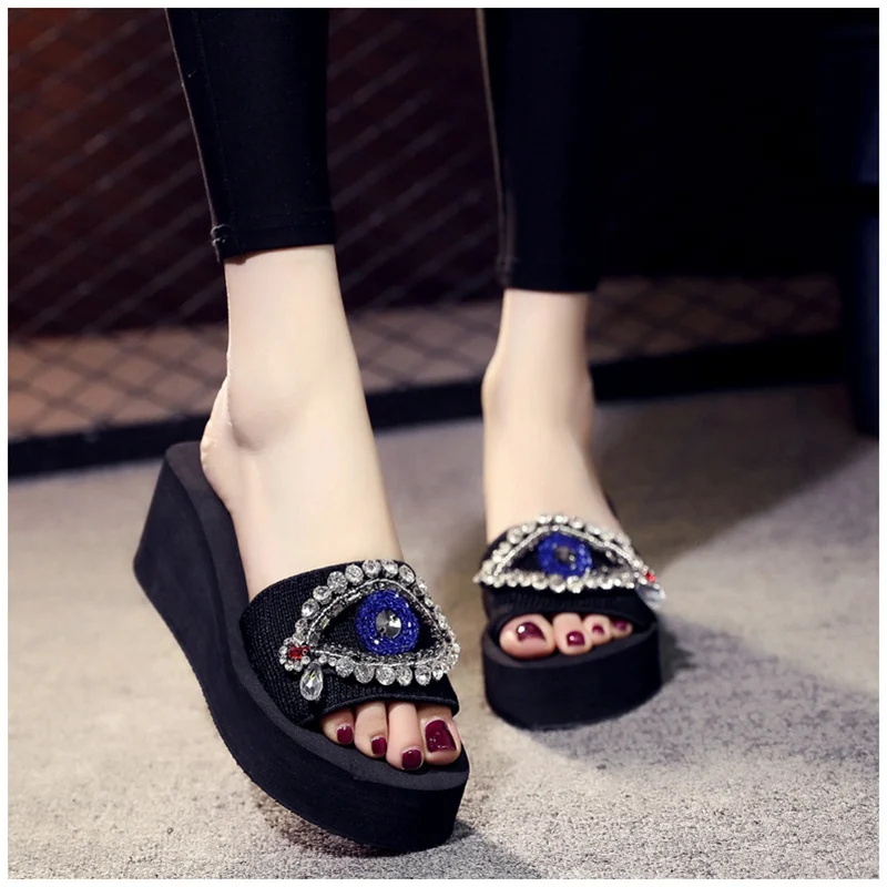 black 6CM SUOJIALUN/Женская обувь; Милые Пляжные шлепанцы; летние женские шлепанцы; модный красивый со стразами; женские шлепанцы на плоской подошве; Цвет Черный; обувь EVA - Цвет: black 6CM