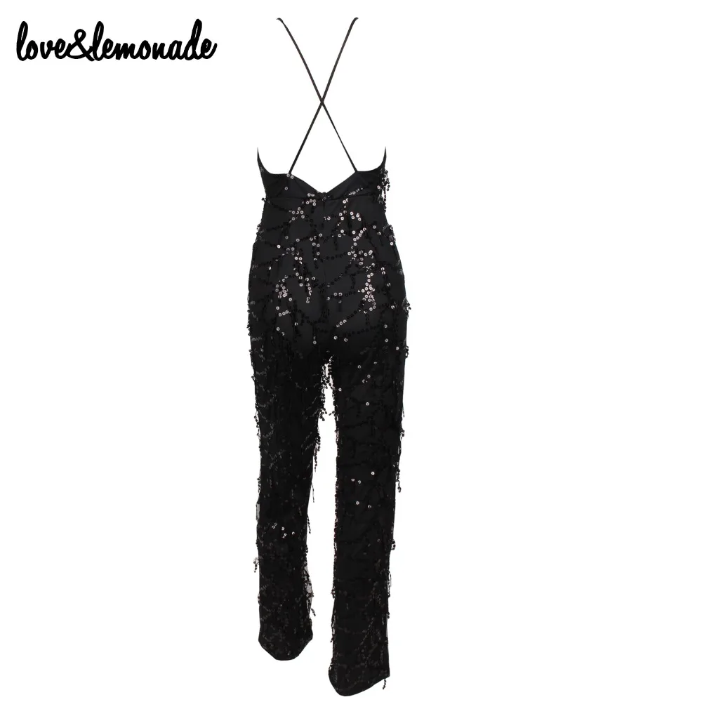 Черные комбинезоны с v-образным вырезом и бахромой Love &amp Lemonade TB 9196 | Женская одежда