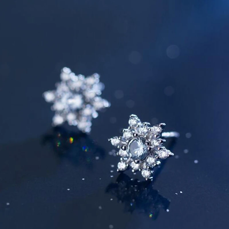 Fashion Snowflake Snow Flower Gift Edelweiss Brilliant Real Zircon Charms 925 Sterling Silver Stud Earrings Jewelry | Украшения и