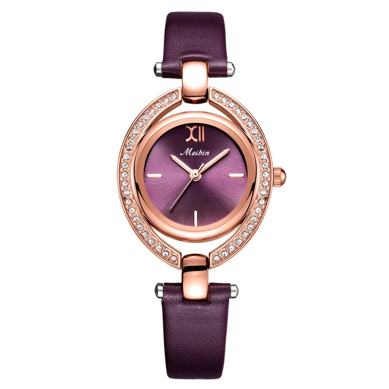 Женские Водонепроницаемые часы MEIBIN Роскошные наручные со стразами кожаный