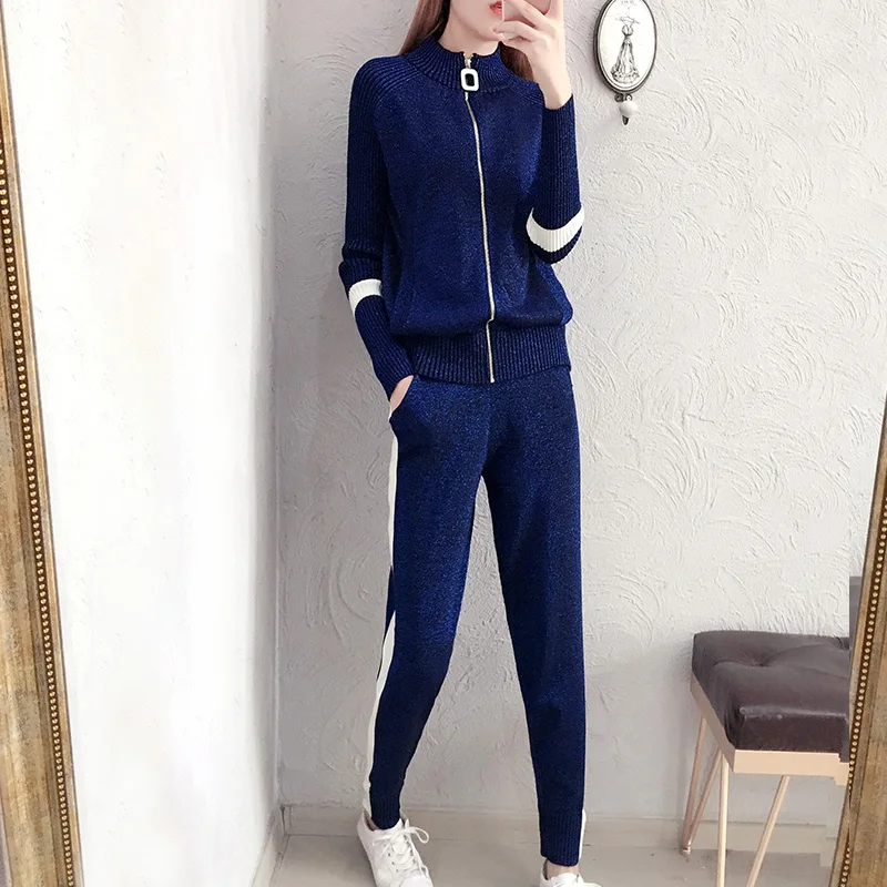 Fashion knit sweater casual suit spring and autumn new women's Korean fashion Slim sweater pants two sets