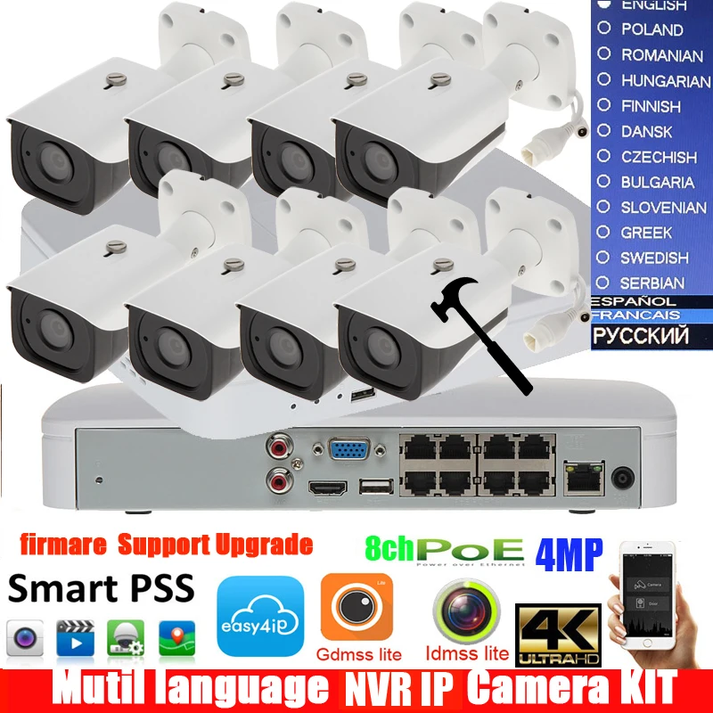 

mutil language 8CH 4K POE NVR4108-8P-4ks2 System Security Camera Kit with 4MP H.265 Outdoor POE ip camera DH-IPC-HFW4431EP-SE