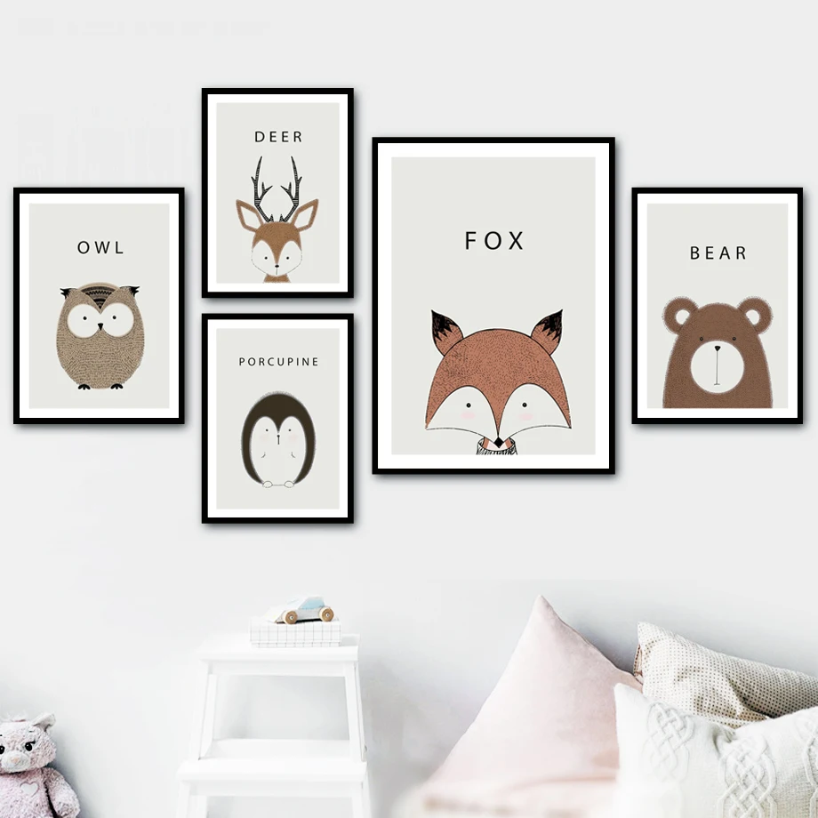 

Lion Fox Deer Bear Porcupine Owl Cartoon Animal Wall Art Canvas Painting Nordic Posters And Prints Wall Pictures Kids Room Decor
