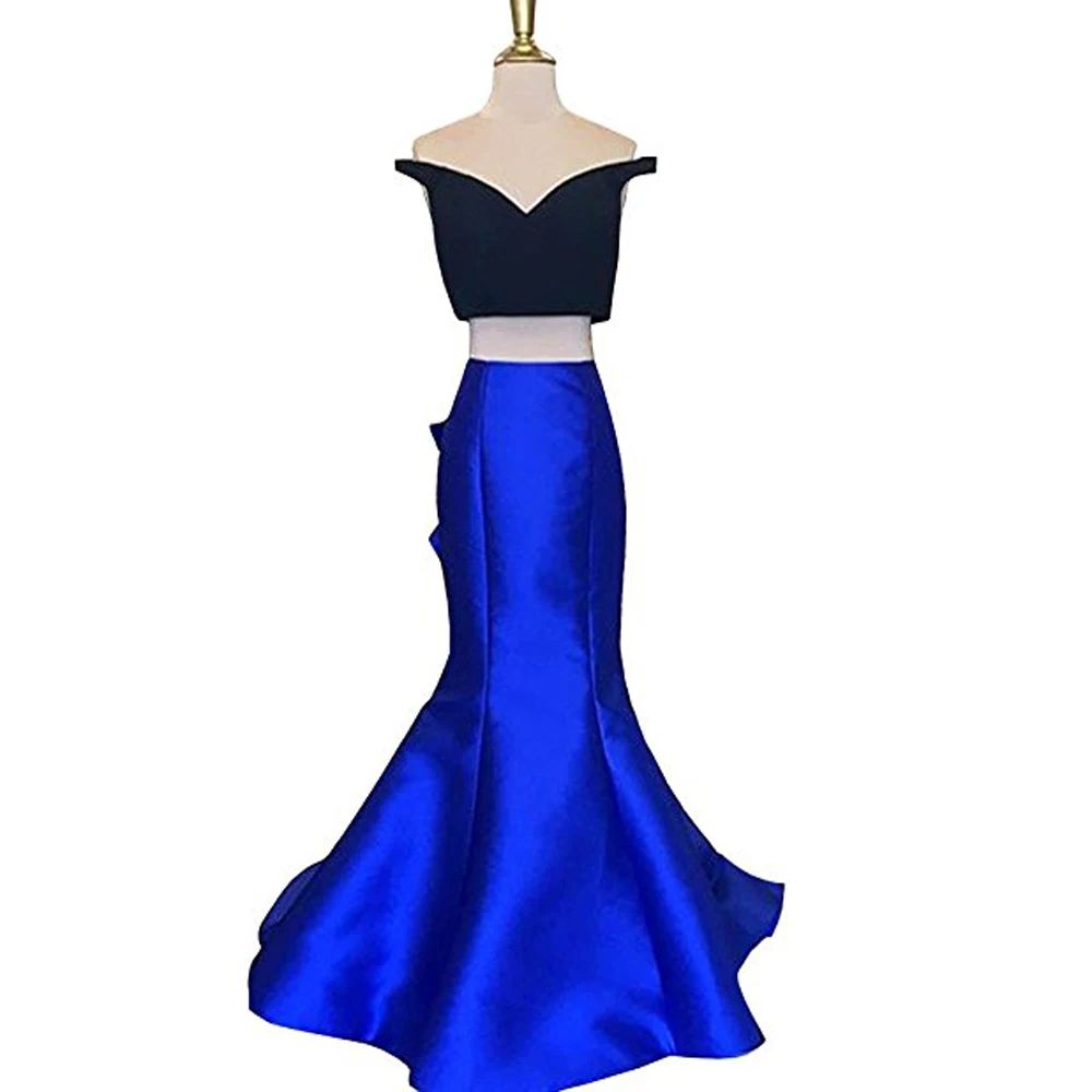 2017 New Two Pieces Gown Prom Dresses Long Pleat vestidos de fiesta Satin V-Neck Off Shoulder Evening Party Dress | Свадьбы и