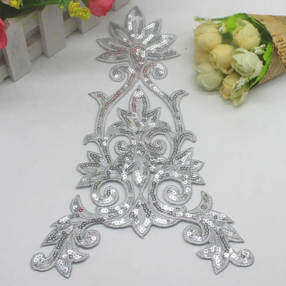 Silver Железные нашивки с блестками, кружевные аппликации, 5 шт./лот, блестящие вышитые цветы, сделай сам, косплей, планки для выступлений, платье 16*26 см - Цвет: Silver