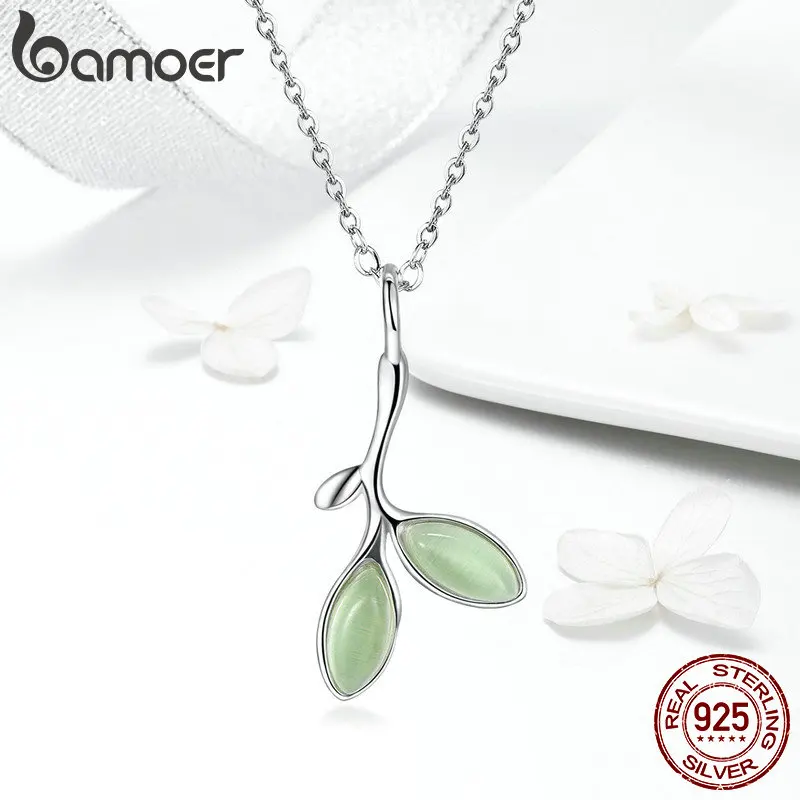BAMOER, 925 пробы, серебро, надеюсь, зеленое дерево, листья, почки, эмаль, женские подвески, ожерелья для женщин, Стерлинговое Серебро, ювелирное изделие, SCN302