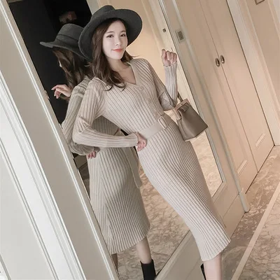 Apricot color Модное однобортное женское платье-свитер с v-образным вырезом на осень и зиму, трикотажное платье-джемпер с поясом, высокая талия, длинное облегающее платье - Цвет: Apricot color