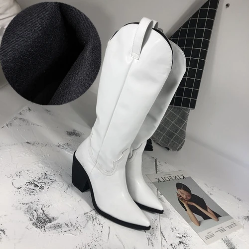 2 white spring Модные женские ботильоны из выбитая микрофибра; ковбойские ботинки с острым носком в западном стиле; женские ботинки до середины икры на массивной танкетке для подиума - Цвет: 2 white spring