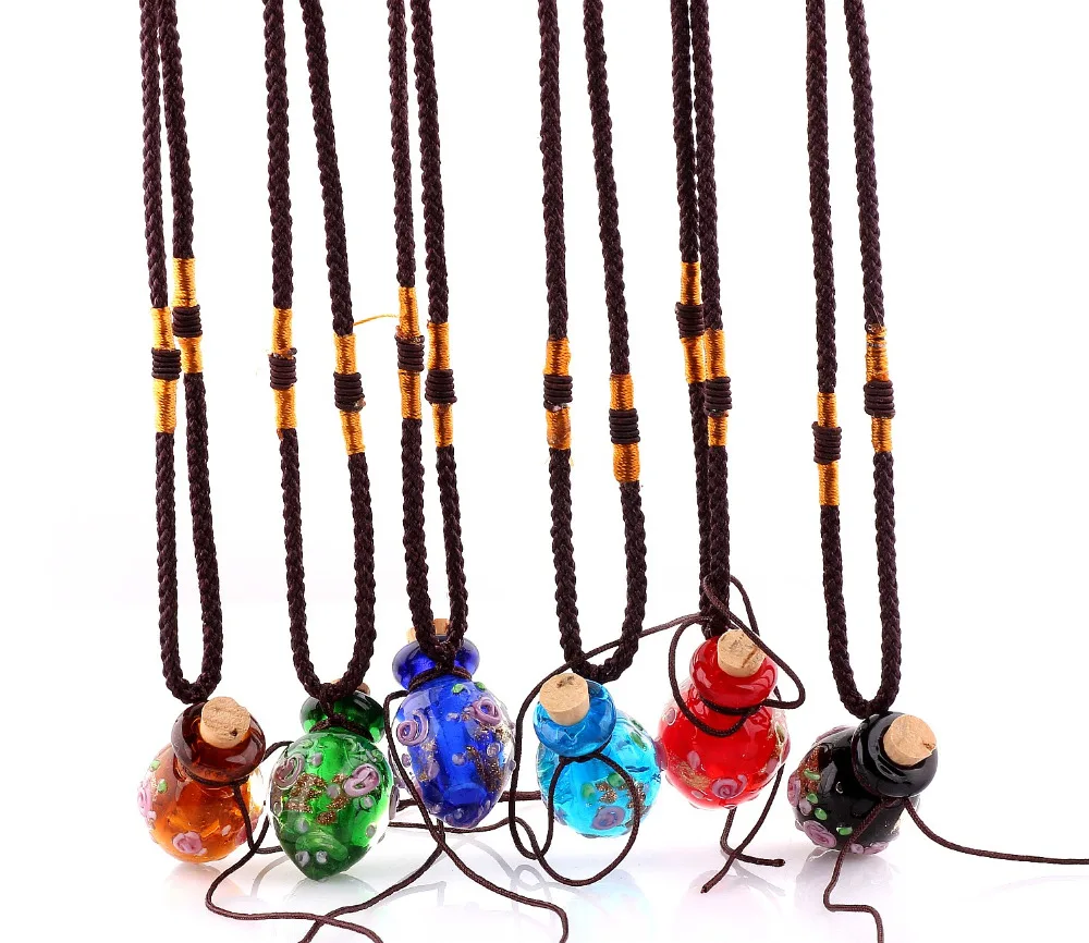 

Fashion 6pcs Colorful Lampwork Flower Glass Pendant Necklace Essential Oil Diffuser Heart Perfume Bottles FREE