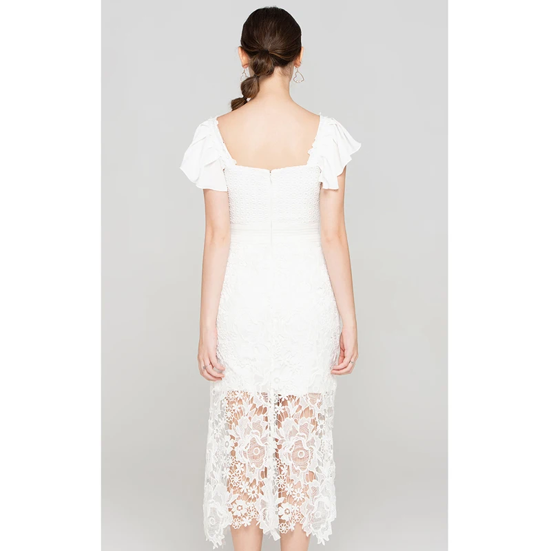 women elegant summer white eyelet dress new fashion woman clothes crochet square collar ruffle short sleeve tight | Женская одежда