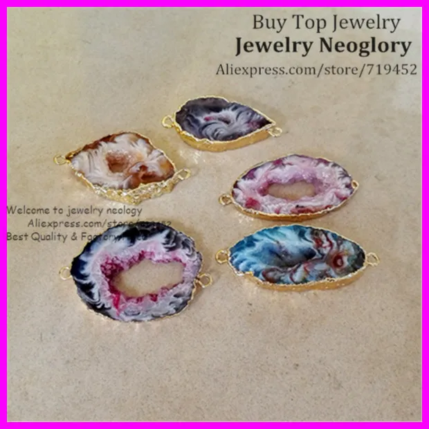5pcs Mixed Colors Geode Leopard Stone Druzy Pendant Beads Natural Quartz Slice Gem Connector | Украшения и аксессуары