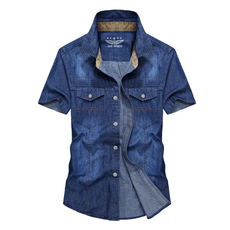 

Summer Boy Fahion Style Bule Denim Men Shirt Hiking Breathable Clothing Turn-down Collar Homme Short Sleeve Slim Climb Shirts