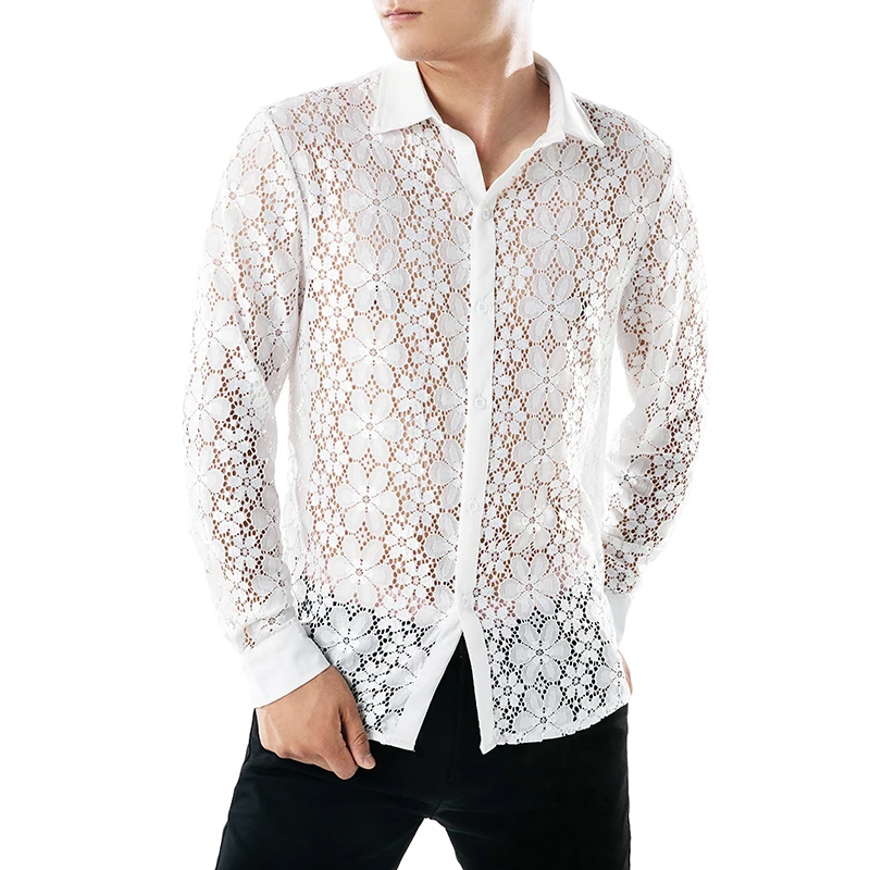 MIXCUBIC 2018 Autumn College style unique Sexy lace design shirts men casual slim whole body for size S-XXL | Мужская одежда