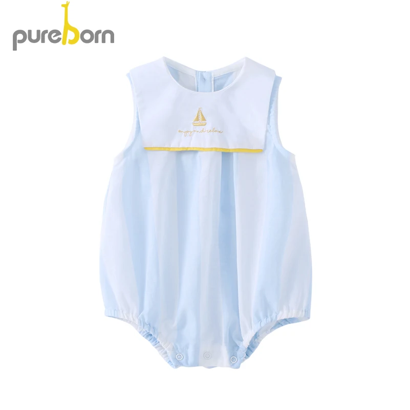 Pureborn/боди для новорожденных; одежда для маленьких девочек с вышитыми моряками в полоску; одежда для маленьких мальчиков; летние хлопковые костюмы-комбинезоны