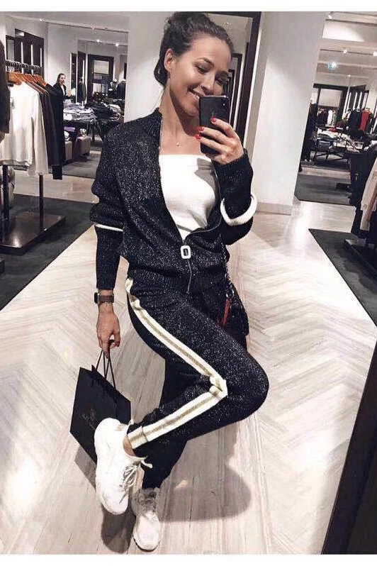 Women's knitted zipper cardigan multi-color fashion suit