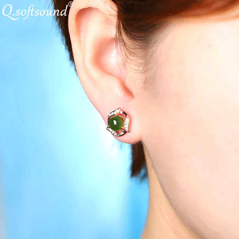 Женские серьги гвоздики с бусинами Chrysoprase белое золото/розовый золотой цвет