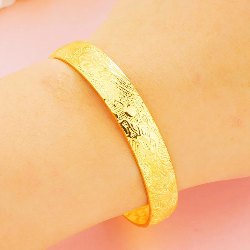 

Lucky Dragon and phoenix design opening 10mm bracelets for women 24K gold jewelry embossed bracelet for women Wedding jewelry