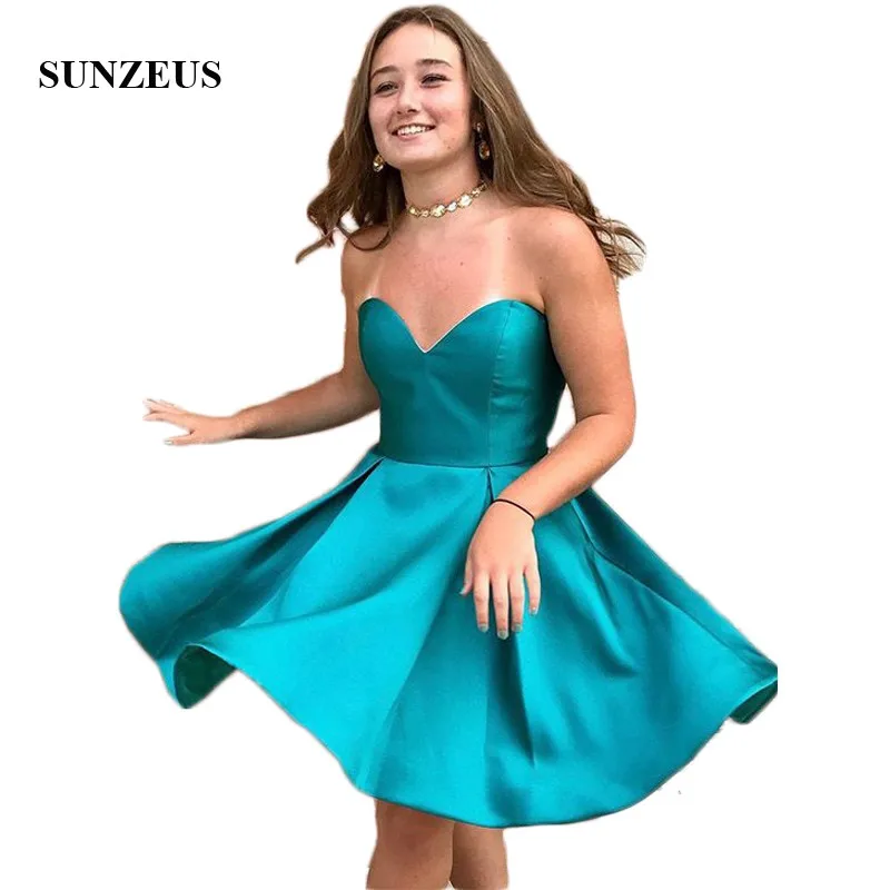

Ocean Blue Satin Homecoming Dresses 2022 Sweetheart A-Line Knee Length Cute Party Dresses vestido de formatura SHD03