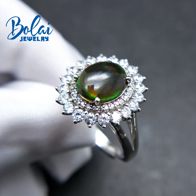 Bolaijewelry натуральный черный опал овальный камень 8*10 мм кольцо из стерлингового