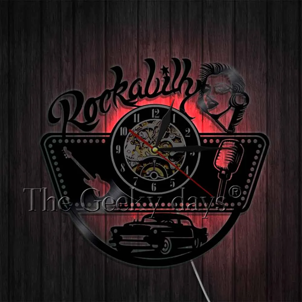 Рокабилли музыкальная тема силуэт Виниловая пластинка часы настенные ручной