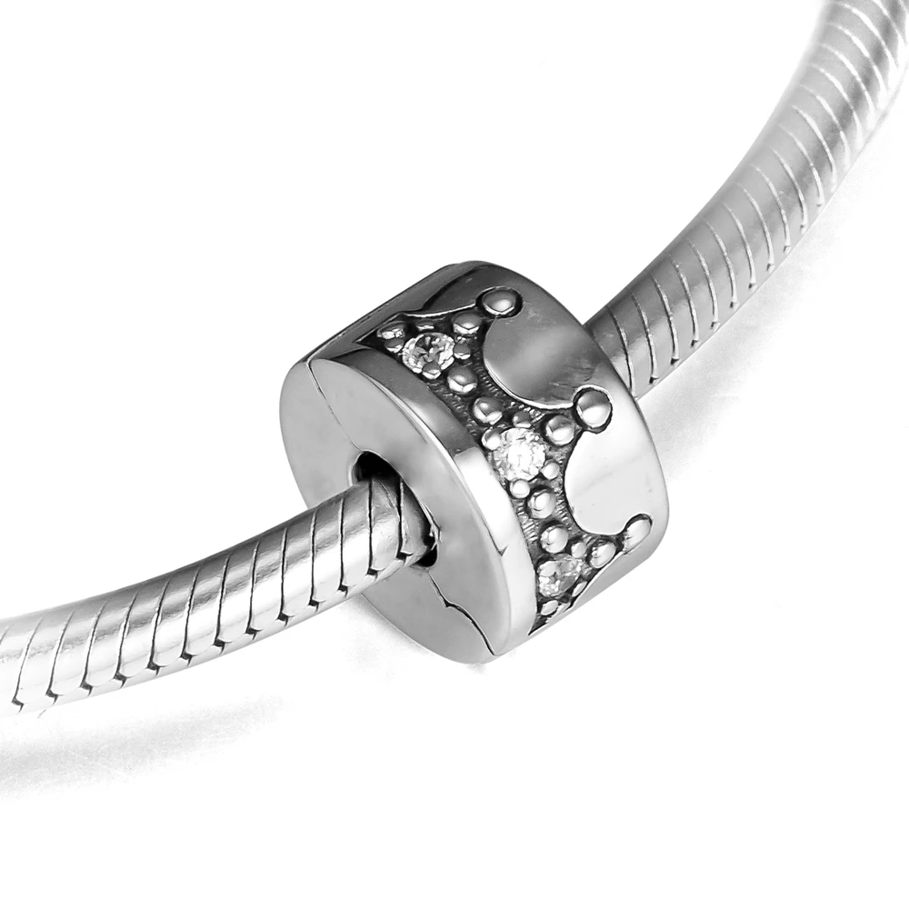 

Fits For Pandora Charms Bracelets Dazzling Crown Clip Beads with Clear CZ 100% 925 Sterling-Silver-Jewelry Free Shipping