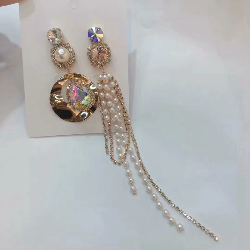 Корейские длинные висячие серьги для женщин, букле d'oreille femme, асимметричные серьги, Кристальные блестящие серьги Brincos с искусственным жемчугом