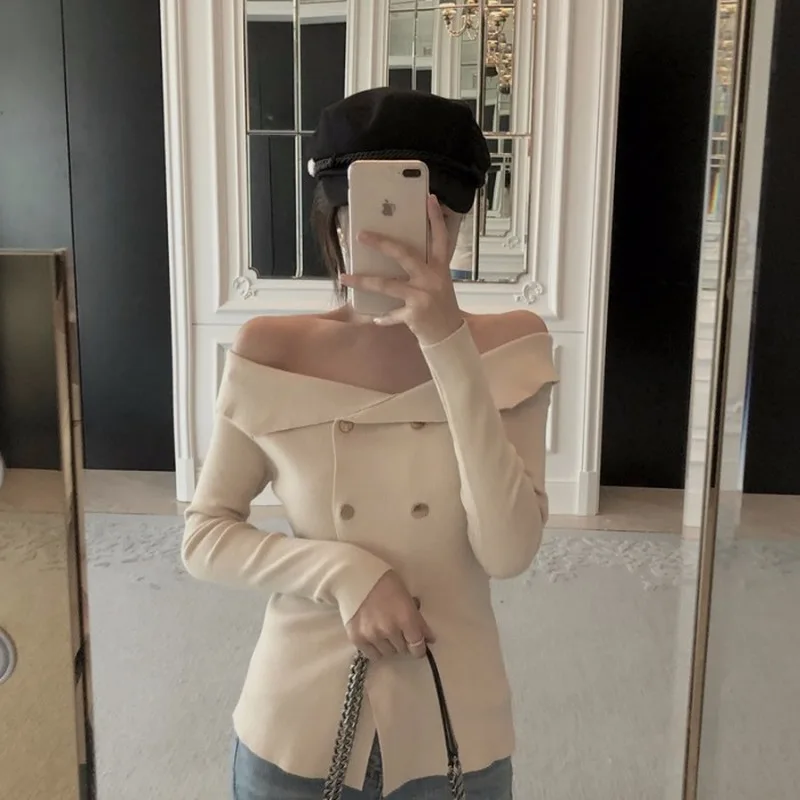 Korean Style Off Shoulder Top Fashion Long Sleeve Sweaters 2018 Women Clothes Double Breasted Elegant Strapless Knitted Cardigan |
