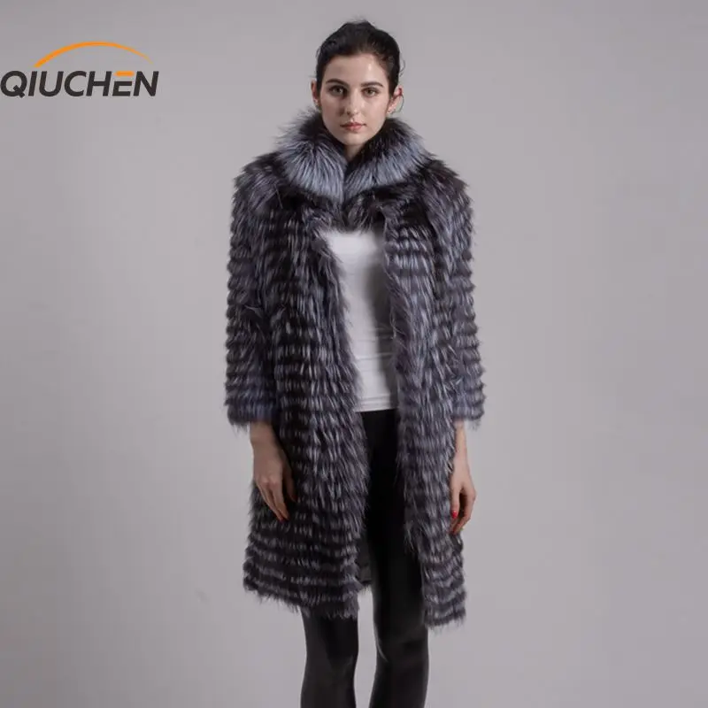 QIUCHEN PJ8141Real шубы из натурального меха лисы Модная Меховая куртка стильное пальто в полоску Женская верхняя одежда из лисьего меха