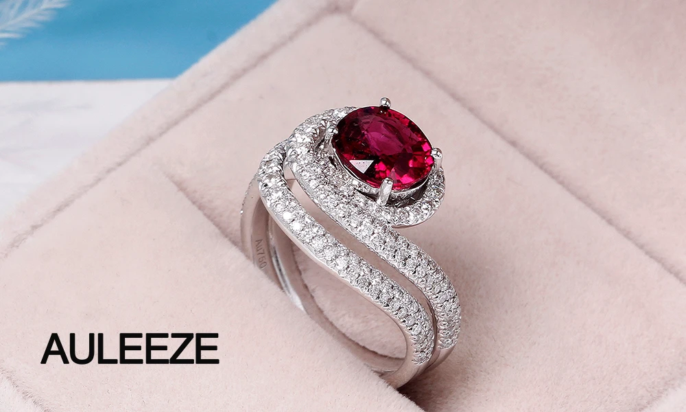 AULEEZE 1.5CT овальной огранки натуральный Rubellite красное кольцо с турмалином настоящий бриллиант 18 K белые золотые обручальные кольца для женщин ювелирные украшения