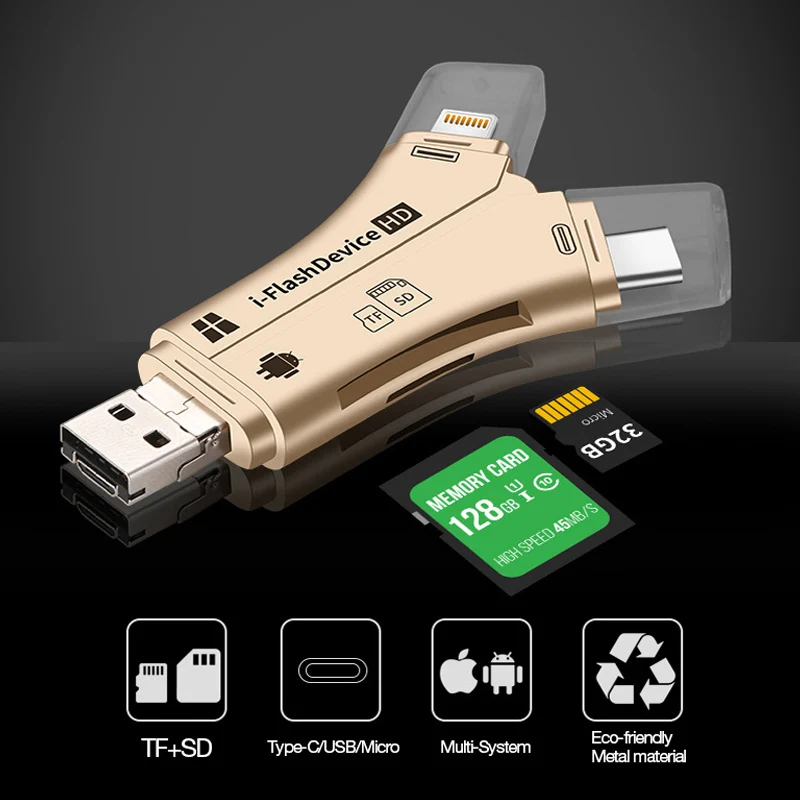 UTHAI C20 кардридер 4 в 1 type-c/Lightning/Micro USB/USB 2,0 для iPhone TF/SD кардридер - Цвет: C11-Gold