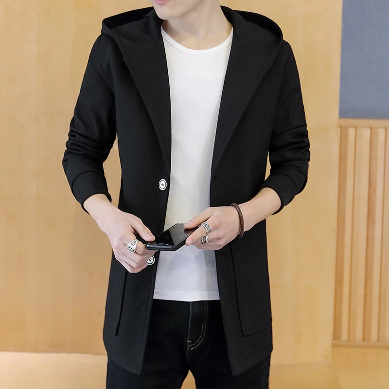 Тренч мужской осенний однобортная приталенная куртка с капюшоном ветровка из