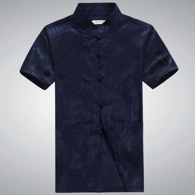 Silk Shirt Dress Pant Suits Men Red Dragon Shirts Summer Chinese Costumes Mandarin Collar Tops Plus Size Kung Fu Clothing | Мужская