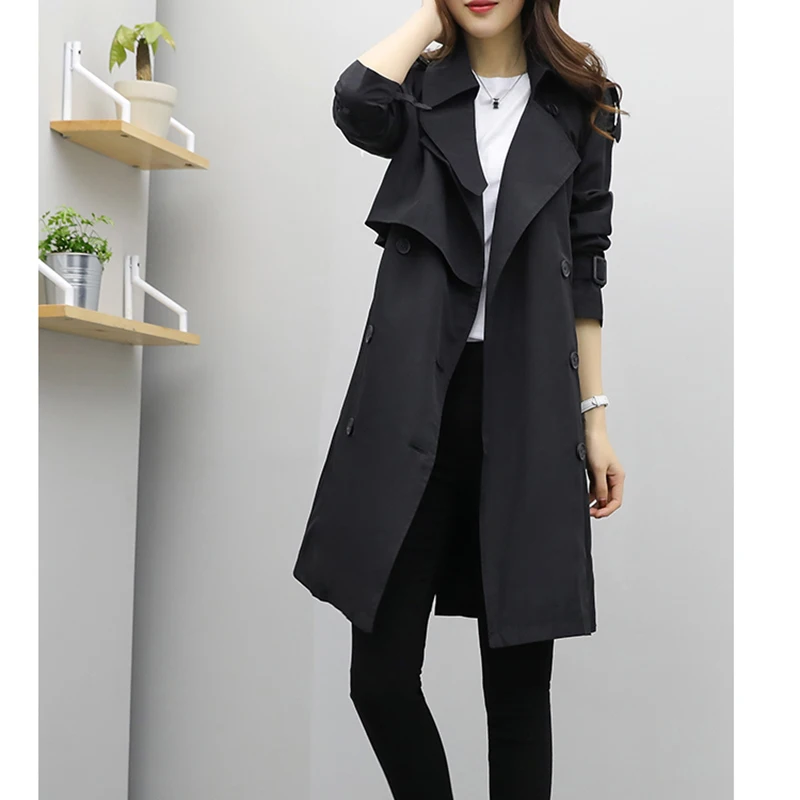 

Black Windbreaker Women Long Temperament Slim Trench Coat Spring Autumn New Plus Size Loose Casual Overcoat Ladies Outwear Coats