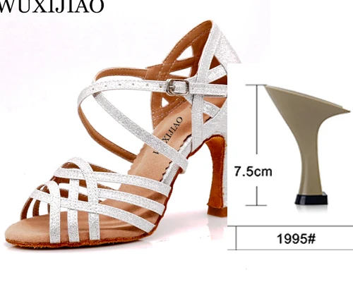 silver heel 7.5cm WUXIJIAO Women Party Dance Shoes Satin Shining rhinestones Soft Bottom Latin Dance Shoes Woman Salsa Dance Shoes heel5CM-10CM - Цвет: silver heel 7.5cm