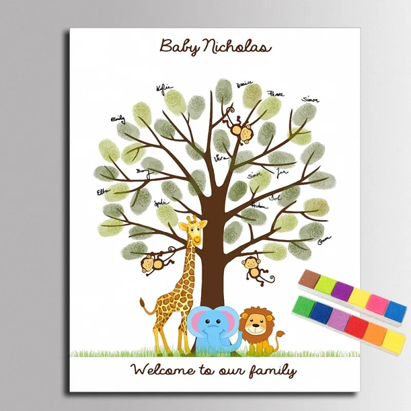 Гостевая книга Baby Shower животных дерево с отпечатками пальцев гостей, картина платье для причастия для детей на день рождения Детские сувенир с душем настенный художественный холст для живописи